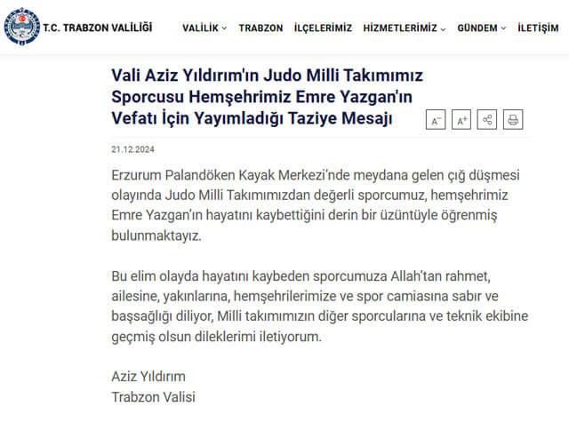 Trabzon Valisi Aziz Yıldırım'ın Emre Yazgan'ın vefatı üzerine yaptığı açıklama