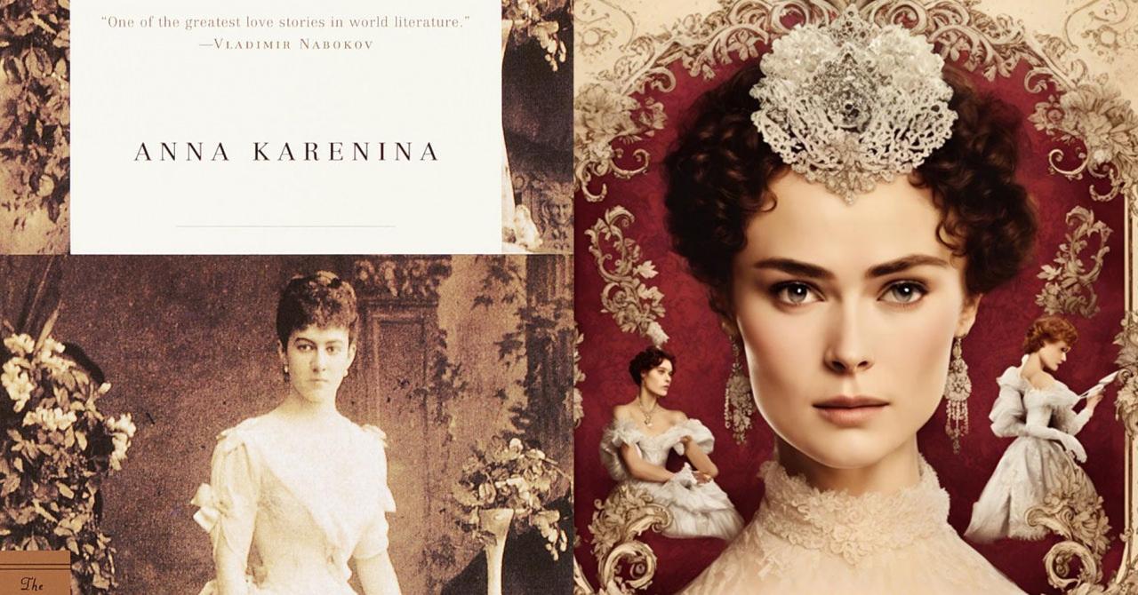 Anna Karenina romanının kapak görseli ve tiyatrosunun afişi yan yana