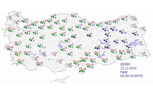 22 Aralık Pazar günü Türkiye hava durumu haritası