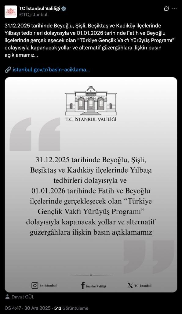 İstanbul Valiliği'nin X hesabından yapılan yaptığı yazılı açıklama