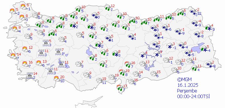 16 Ocak 2025 hava durumu haritası (Kaynak: MGM)