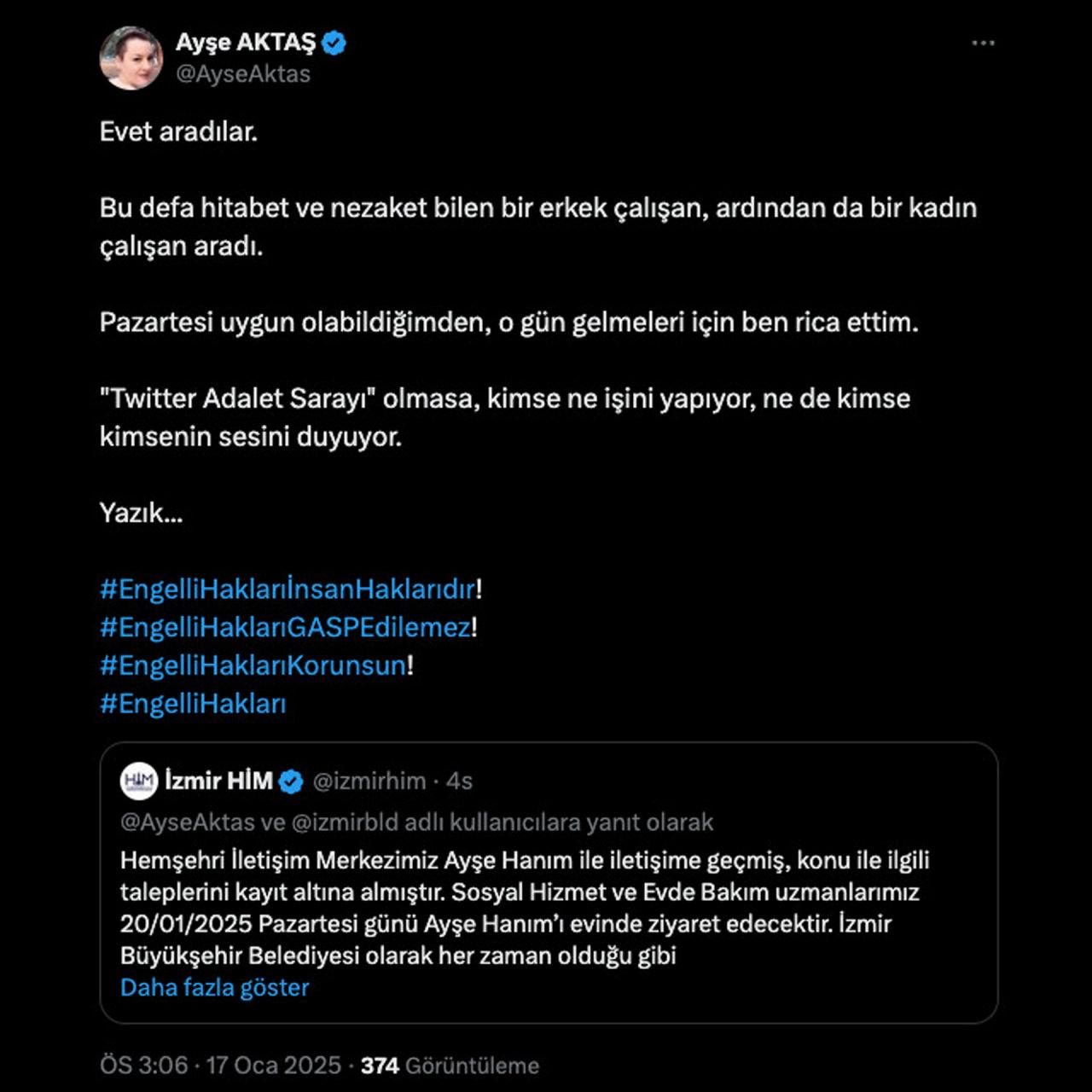 HİM'in tekrardan iletişime geçmesinin ardından Ayşe Aktaş'ın yaptığı yeni paylaşım