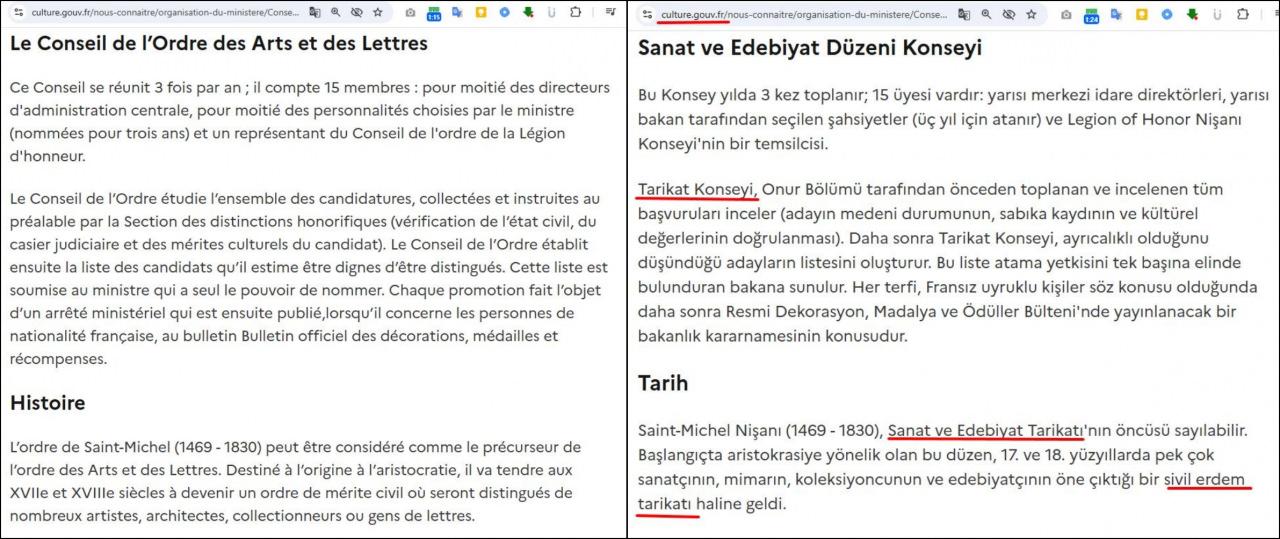 Fransa Kültür Bakanlığı'nda Sanat ve Edebiyat Nişanı hakkında yer alan ifadeler (Google Translate ile çevirilmiştir.)