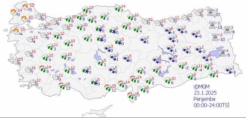 23 Ocak 2025 MGM hava durumu tahmin haritası