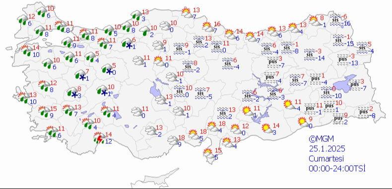 25 Ocak 2025 MGM hava durumu tahmin haritası