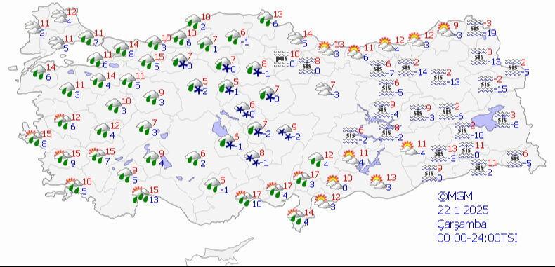 22 Ocak 2025 MGM hava durumu tahmin haritası