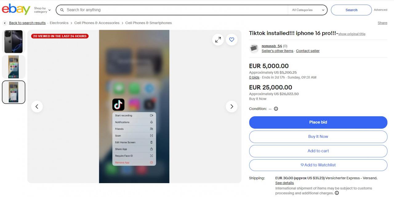 TikTok yüklü iPhone satan ebay sitesinden ekran görüntüsü