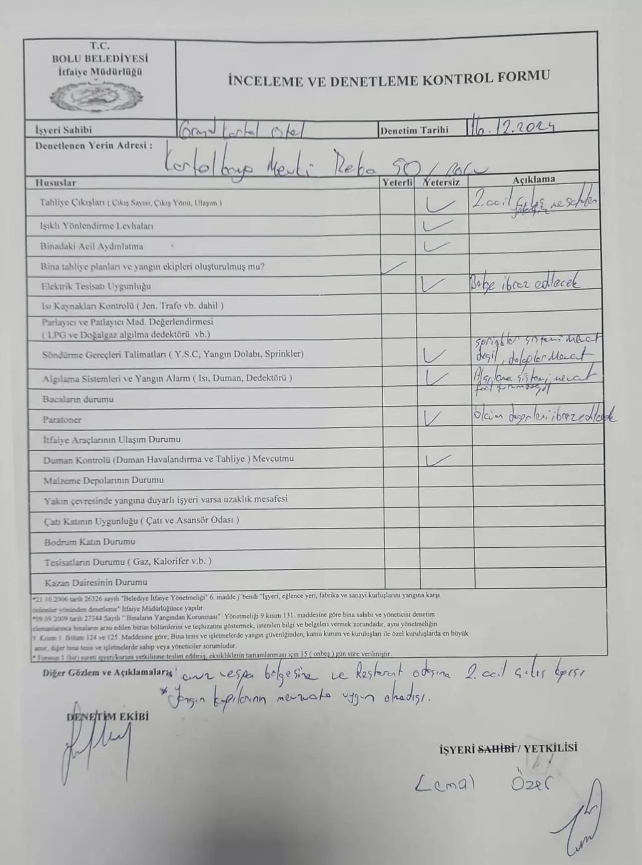 16 Aralık 2024 tarihinde otelin 8 kusuru olduğunu gösteren belge. Ancak bu belgedeki eksiklerin nedeniyle belediye durumu savcılığa bildirmesi gerekiyordu.