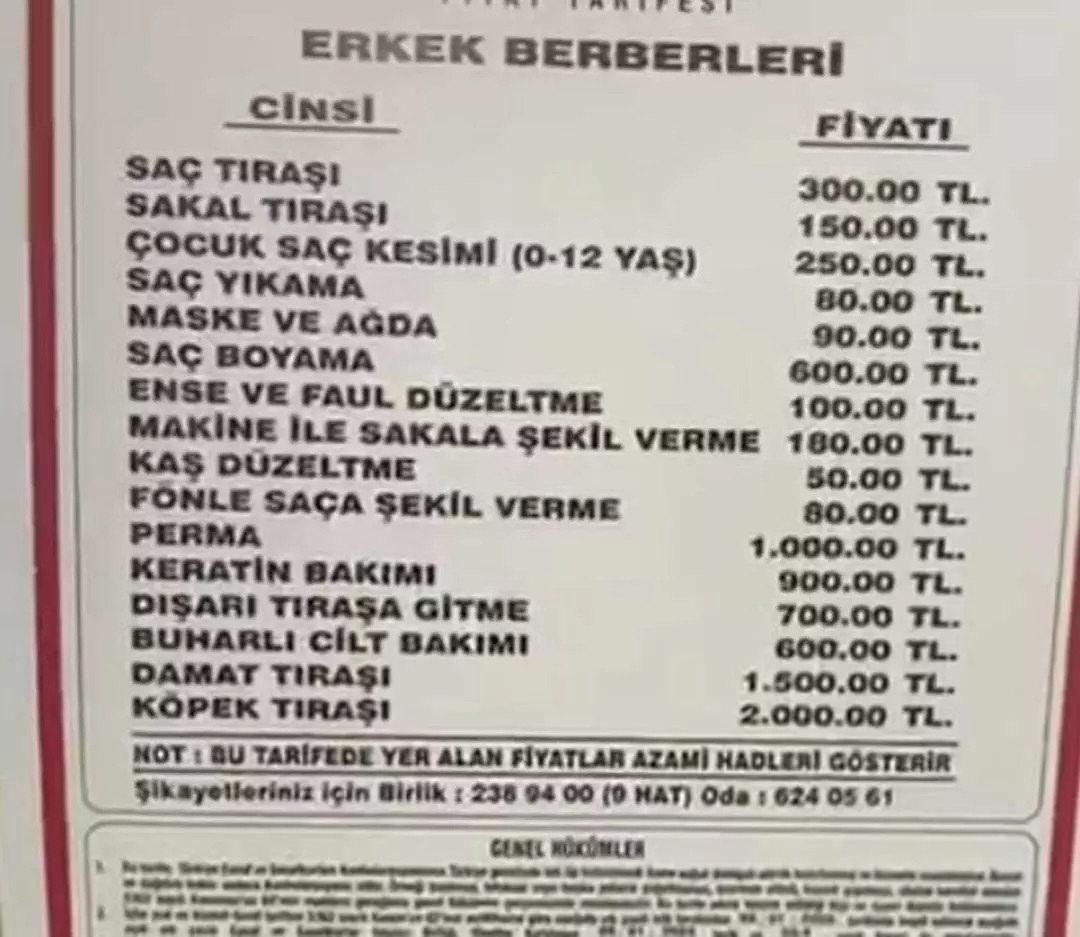 Tarsus Berberler ve Kuaförler Odası'nın yayınladığı tarife