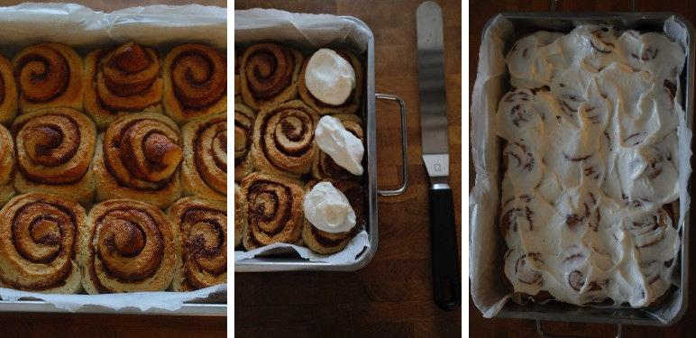 Tarçınlı çörek fırından çıktıktan sonra soslama aşaması görseli