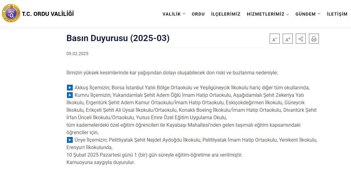 Ordu Valiliği basın duyurusu (2025-03)