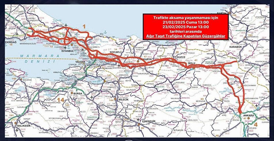 İstanbul, Kocaeli, Sakarya, Düzce, Bolu ve Ankara'da bulunan bazı otoyol ve devlet yollarının, 2 günlüğüne ağır taşıt trafiğine kapatıldığını açıkladı.