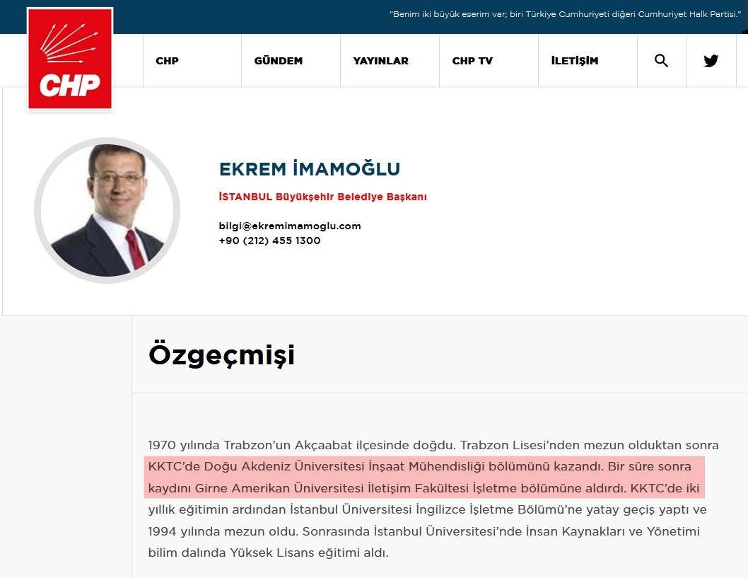 İmamoğlu'nun 10 Mart 2025 tarihi itibariyle CHP'nin resmi web adresindeki özgeçmişi