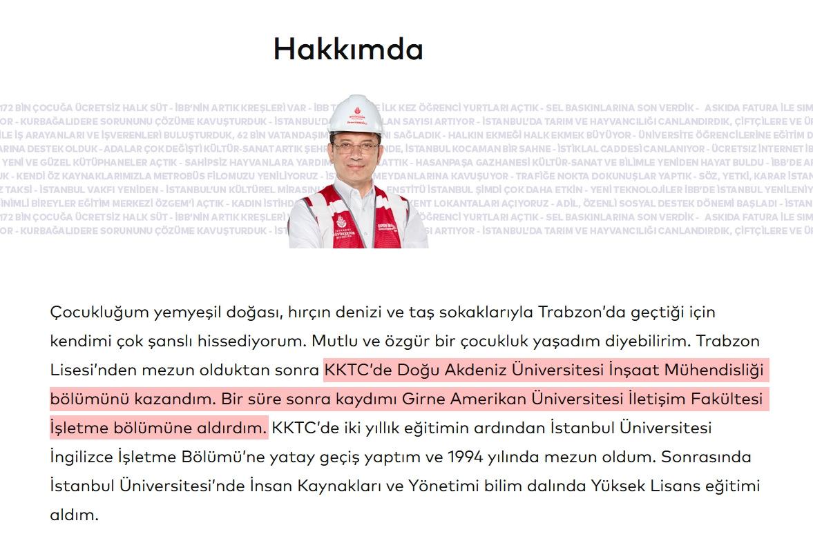 İmamoğlu'nun resmi web adresindeki özgeçmiş