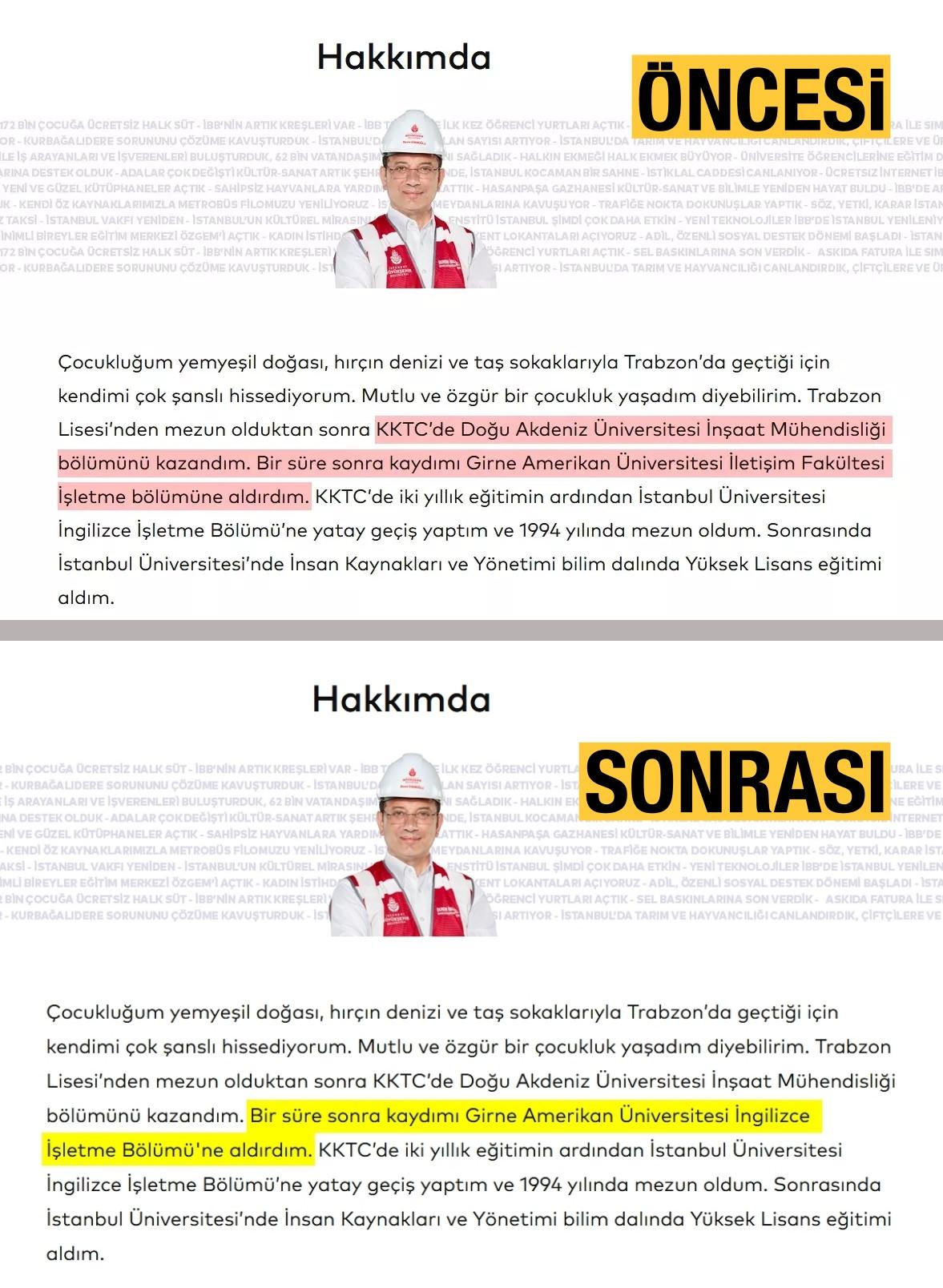 İmamoğlu'nun resmi internet sitesindeki 25 Şubat 2025 ve 10 Mart 2025 tarihleri arasındaki iki farklı özgeçmiş.