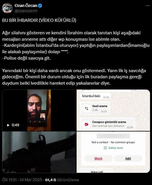 Ozan Özcan'ın tehdit edildiğine dair paylaşımı