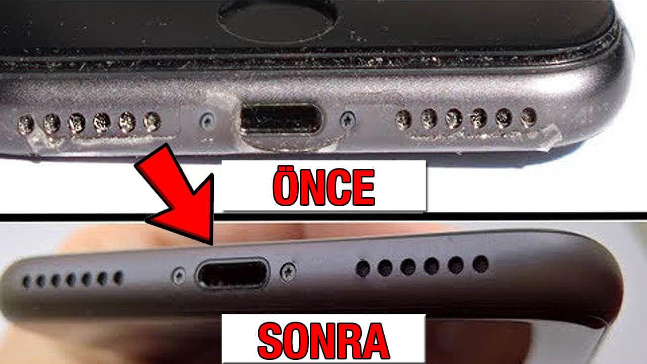 Toz ve kir ile dolmuş bir telefon hoparlörü (üstte), Temizlenmiş bir telefon hoparlörü (altta)