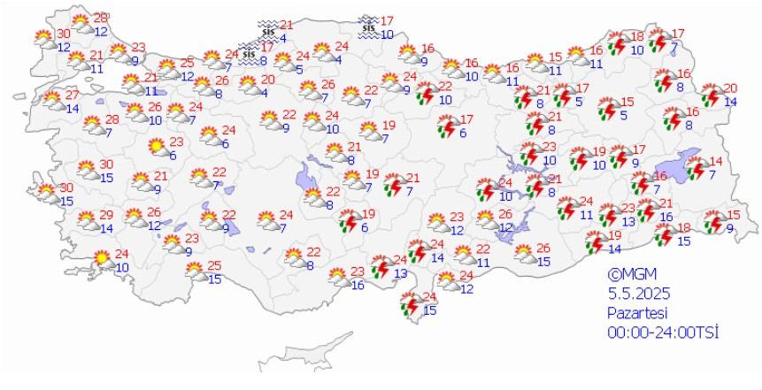 5 Mayıs hava durumu tahmin haritası
