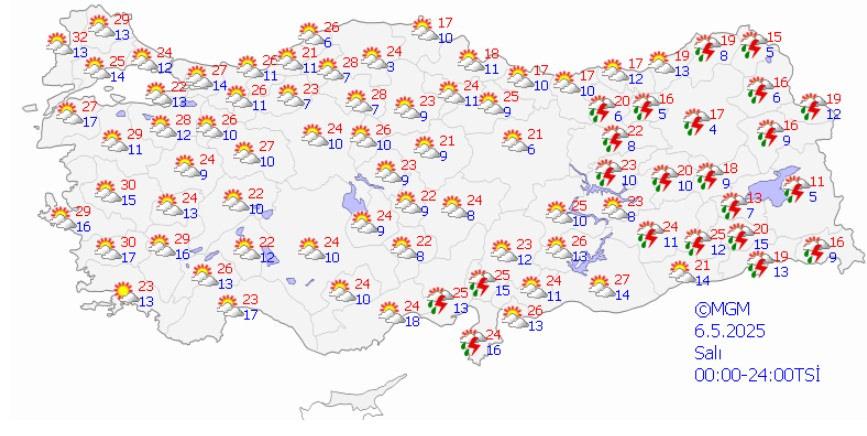 6 Mayıs hava durumu tahmin haritası