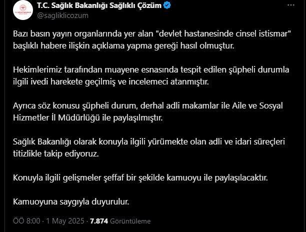 Sağlık Bakanlığı'nın cinsel istismar iddiaları sonrası X'ten yaptığı açıklama