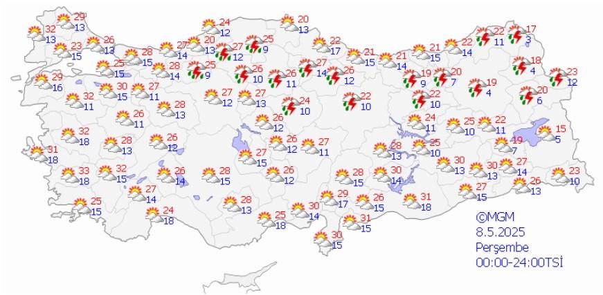 8 Mayıs hava durumu tahmin haritası