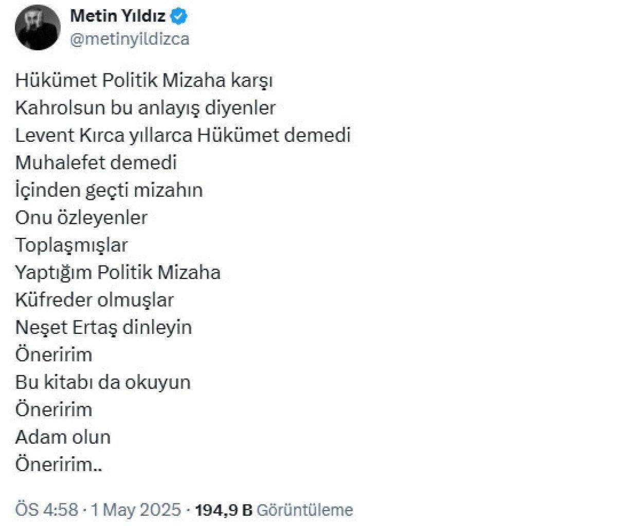 Metin Yıldız'ın X'ten yaptığı o paylaşım