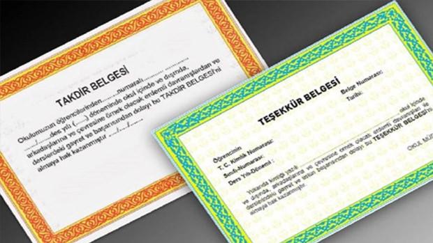 Takdir ve Teşekkür belgesi