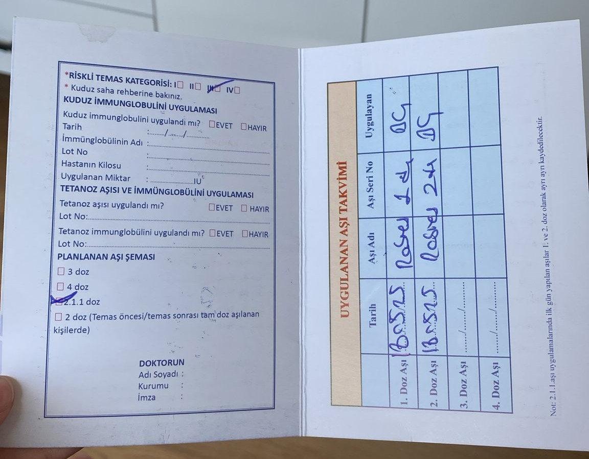 Kuduz aşısı yapılan Gözde A.'nın aşı takvimi
