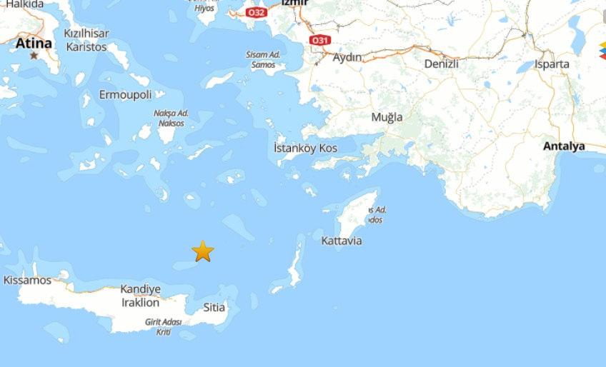 Ege'deki depremin meydana geldiği konum.