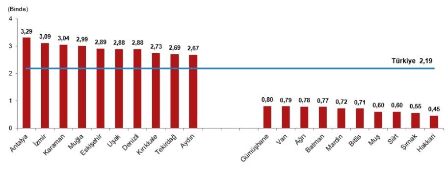 Kaba boşanma hızının en yüksek ve en düşük olduğu 10 il, 2024