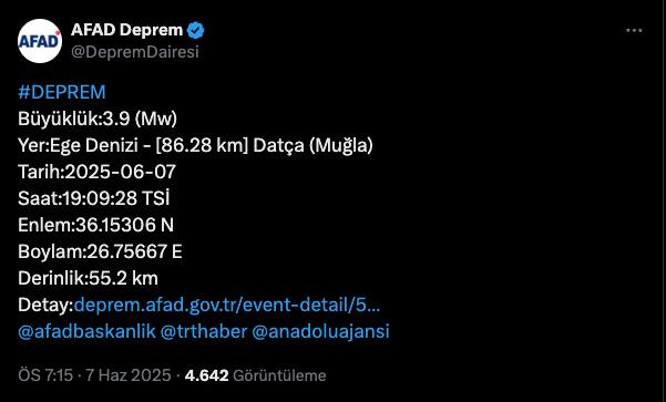 AFAD'ın deprem paylaşımı