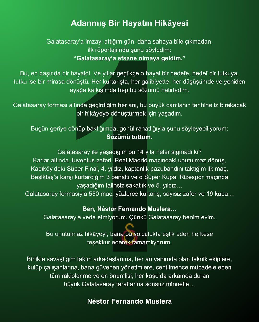 Muslera'dan Galatasaray'a veda mesajı