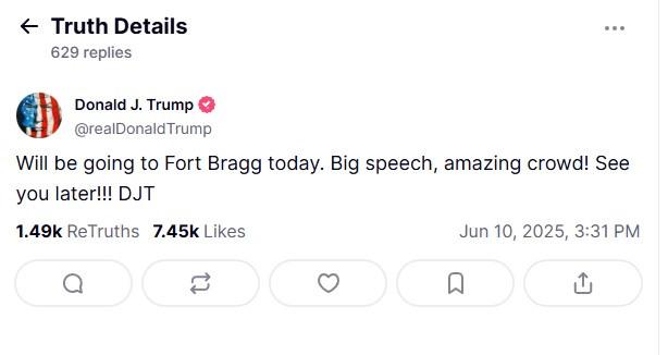 Bugün Fort Bragg'a gideceğim. Harika bir konuşma, muhteşem bir kalabalık! Sonra görüşmek üzere!!! DJT
