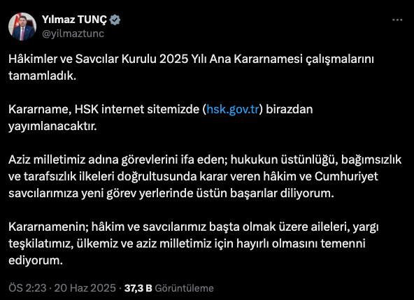 Adalet Bakanı Yılmaz Tunç'un HSK 2025 Ana Kararname çalışması ile ilgili paylaşımı