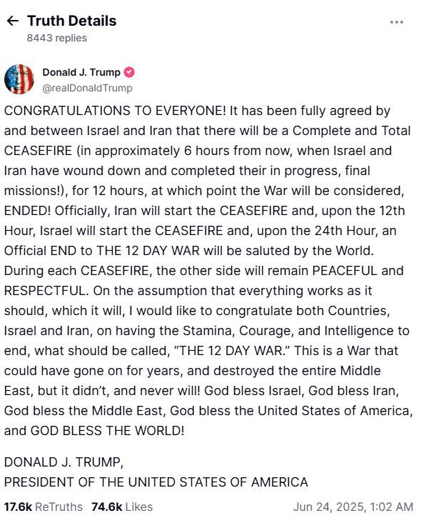 Trump, Truth Social hesabından yaptığı paylaşımda "herkese tebrikler" ifadesini kullandı.