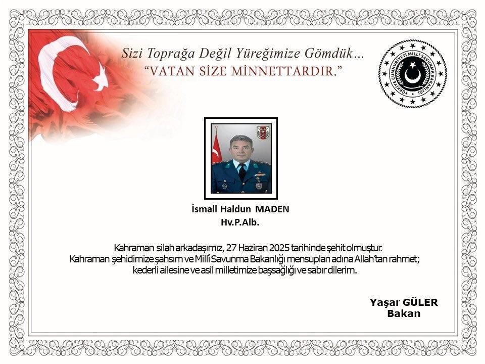 Milli Savunma Bakanlığı'nın taziye mesajı