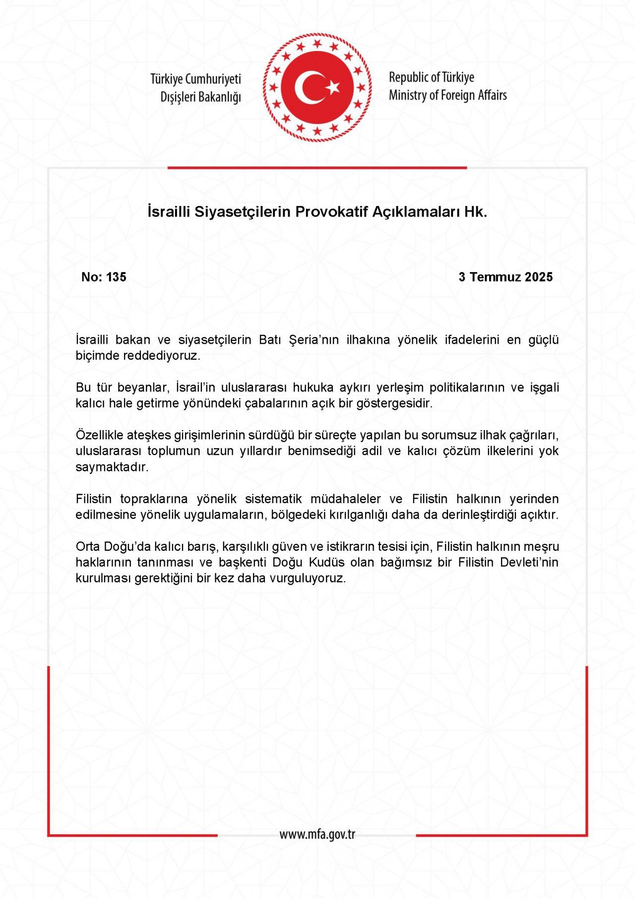 Dışişleri Bakanlığı İsrail'in kararını sert dille kınadı