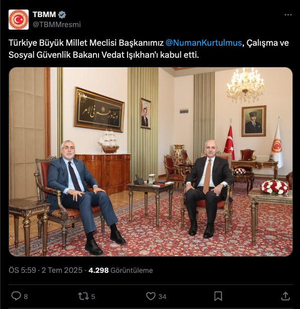 TBMM Resmi hesabının Numan Kurtulmuş ve Vedat Işıkhan görüşmesi ile ilgili paylaşımı