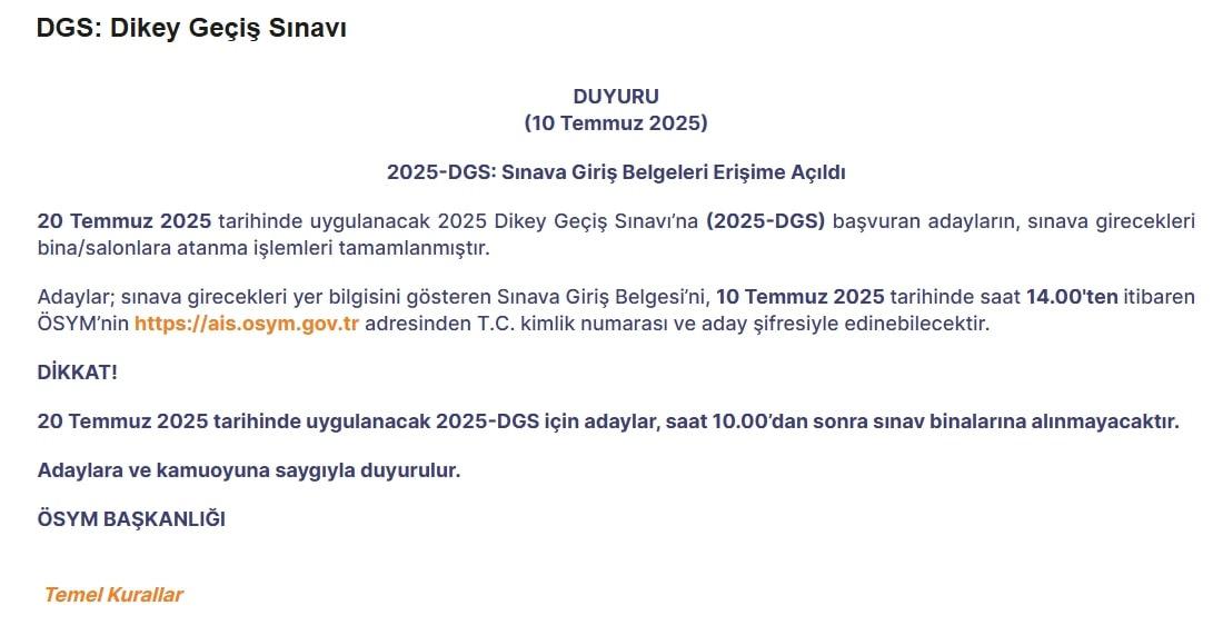 ÖSYM tarafından açıklanan duyuru