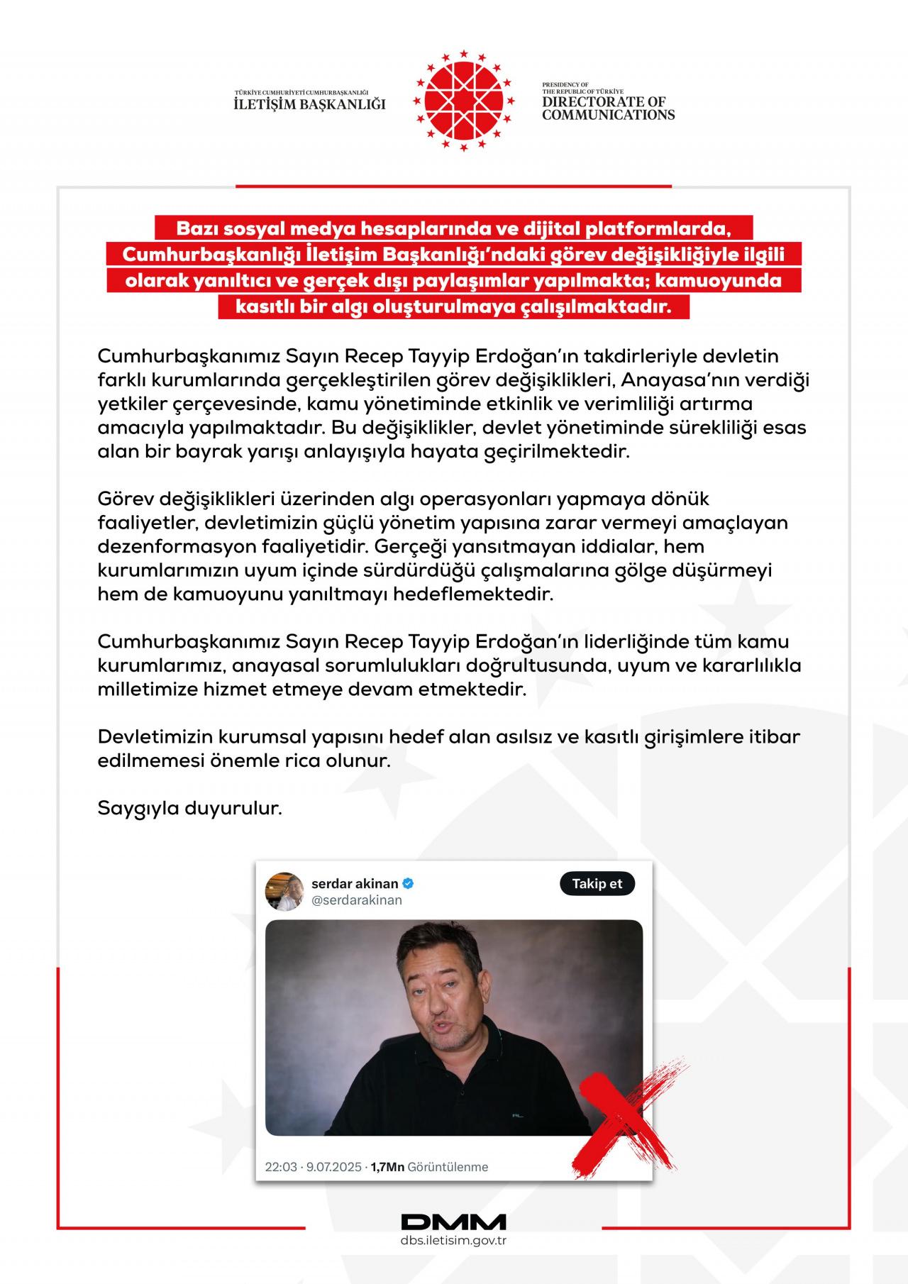 İletişim Başkanlığı tarafından yapılan paylaşım