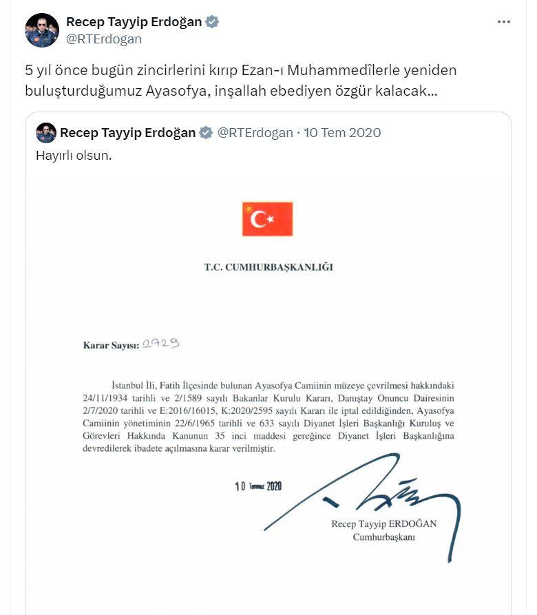 Cumhurbaşkanı Recep Tayyip Erdoğan'ın Ayasofya ile ilgili paylaşımı