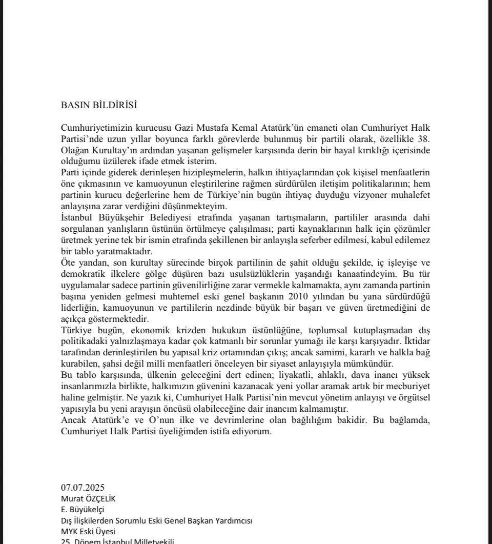 Özçelik'in istifa metni