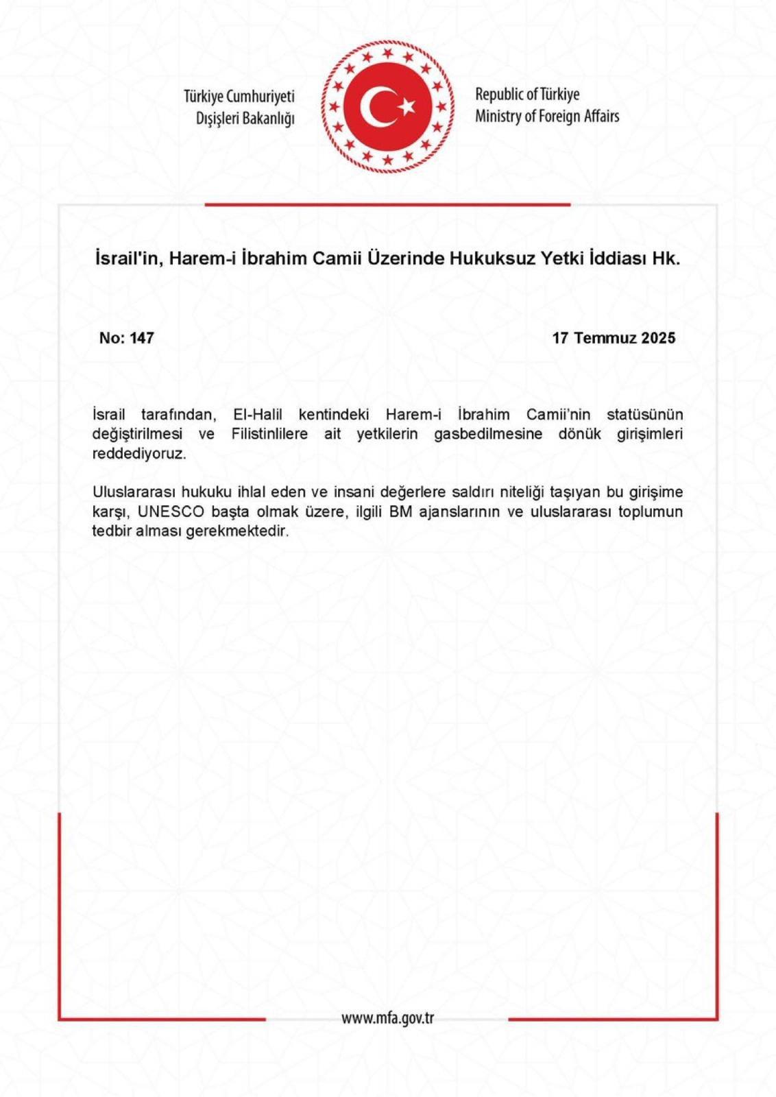 Dışişleri'nden İsrail'e tepki