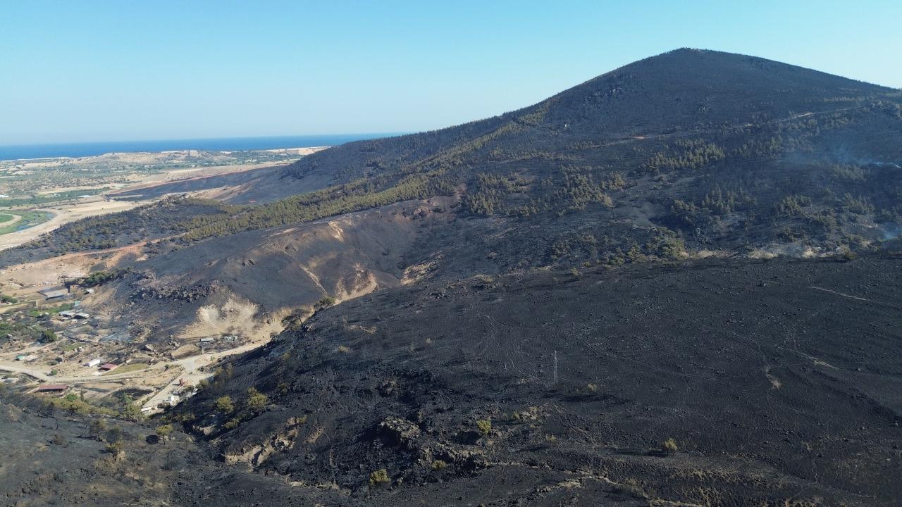Çanakkale'nin Ayvacık ilçesine bağlı Naldöken köyünde dün başlayan ve kuvvetli rüzgarın etkisiyle geniş bir alana yayılan yangından etkilenen Tuzla, Çamköy ile Taşağıl köylerinin kesişme noktasındaki ormanlık ve makilik alanlar dron ile görüntülendi.