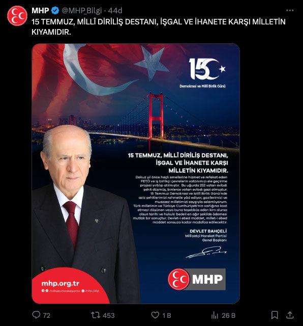 MHP'nin X hesabından yaptığı 15 Temmuz paylaşımı