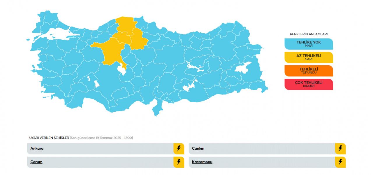 4 İL İÇİN SARI UYARI! Kastamonu, Çankırı ve Çorum çevreleri ile Ankara'nın kuzeydoğusunda öğle saatlerinden itibaren gök gürültülü sağanak bekleniyor.