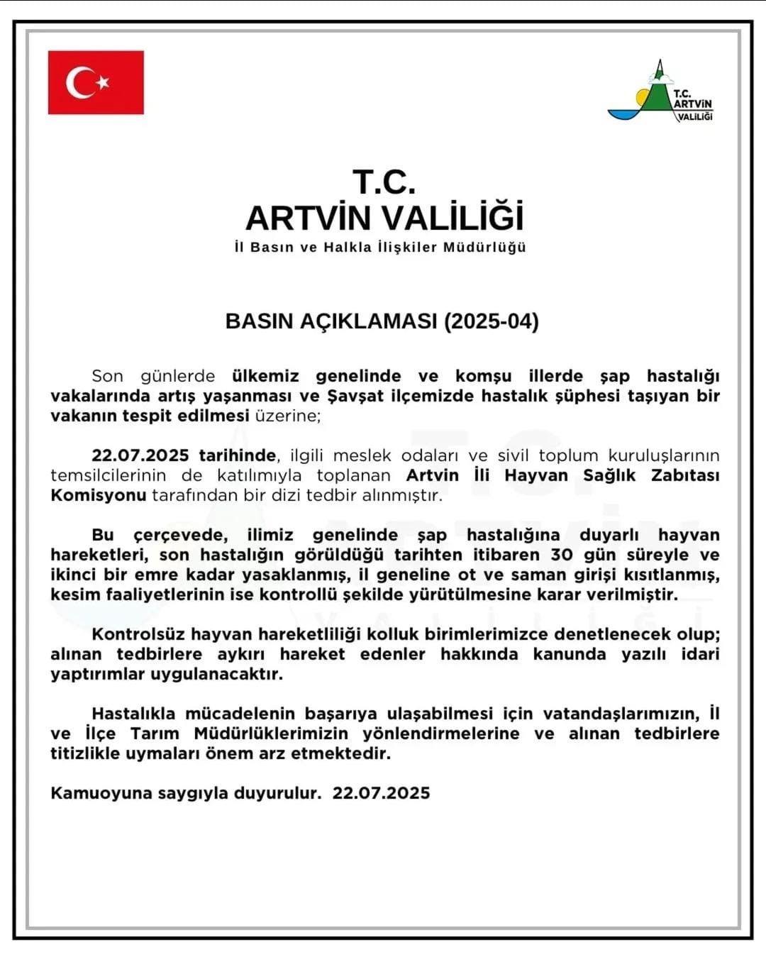 Valilikten yapılan duyuru