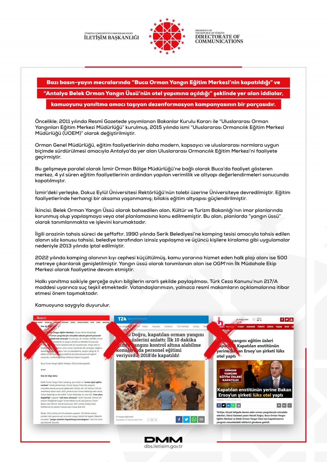 İletişim Başkanlığının yaptığı açıklama