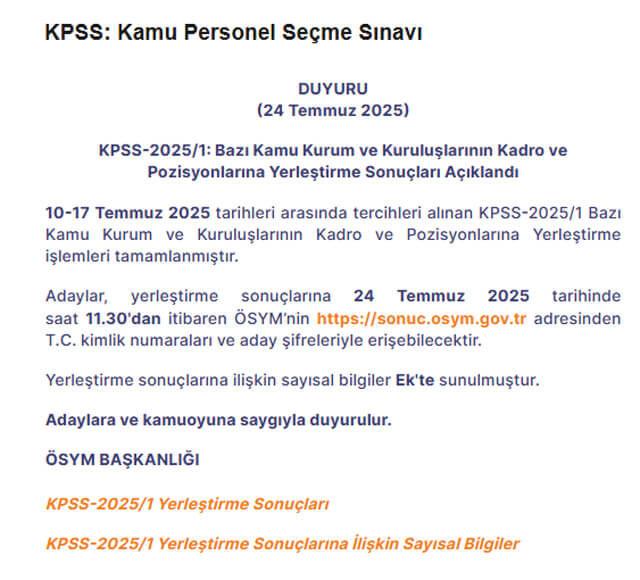 ÖSYM'nin yayınladığı duyuru