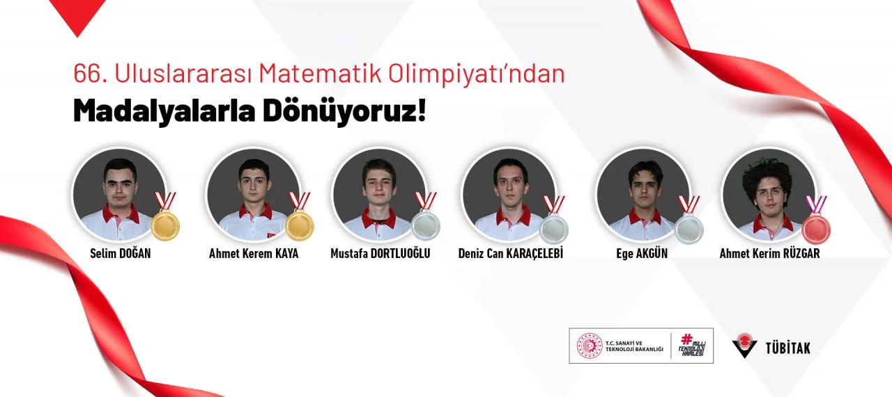 TÜBİTAK Bilim İnsanı Destek Programları Başkanlığı (BİDEB) bünyesinde yürütülen 2022 Bilim Olimpiyatları Programı kapsamında Türkiye'yi temsil etmek üzere yetiştirilen genç bilim insanlarından Selim Doğan ve Ahmet Kerem Kaya Altın Madalya, Mustafa Dörtlüoğlu, Deniz Can Karaçelebi ve Ege Akgün Gümüş Madalya, Ahmet Kerim Rüzgar Bronz Madalya kazandı.